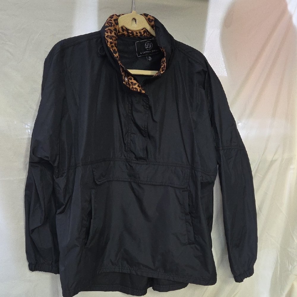 Lauren James Black Jacket with Brown Leopard Trim XL